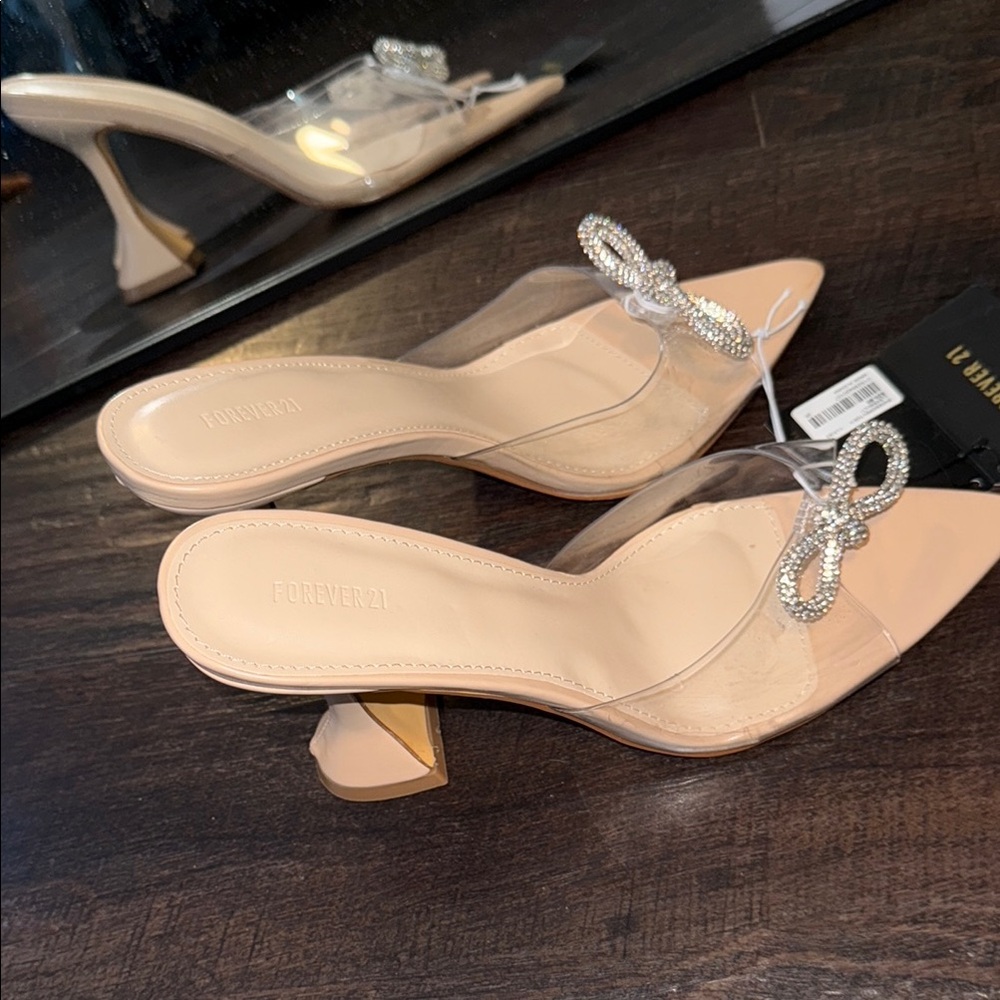 Forever 21 Tan Heeled Mules with Clear Bow